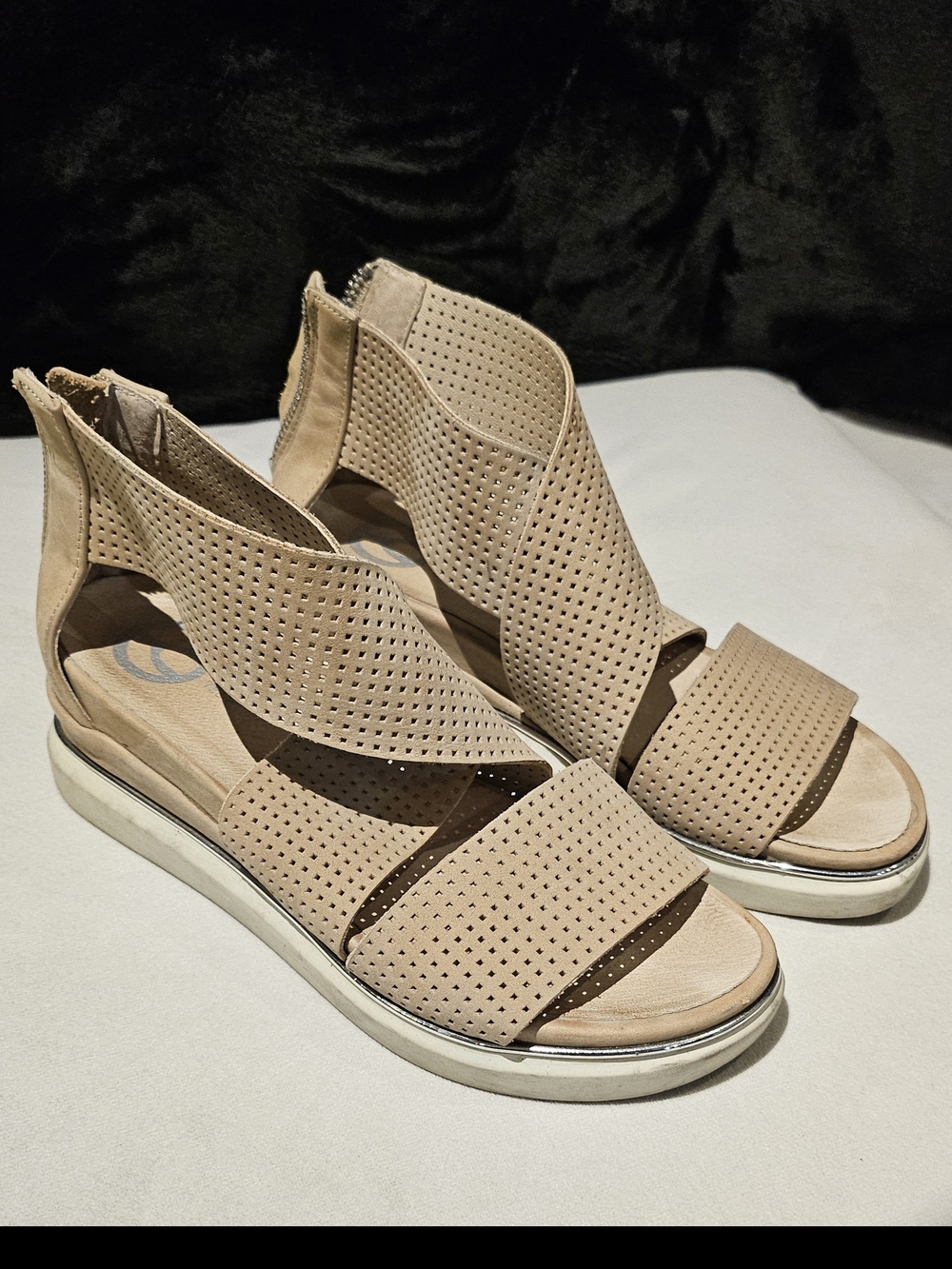 Women's WISHBONE Perforated Taupe Wedge Sandals with Back Zip